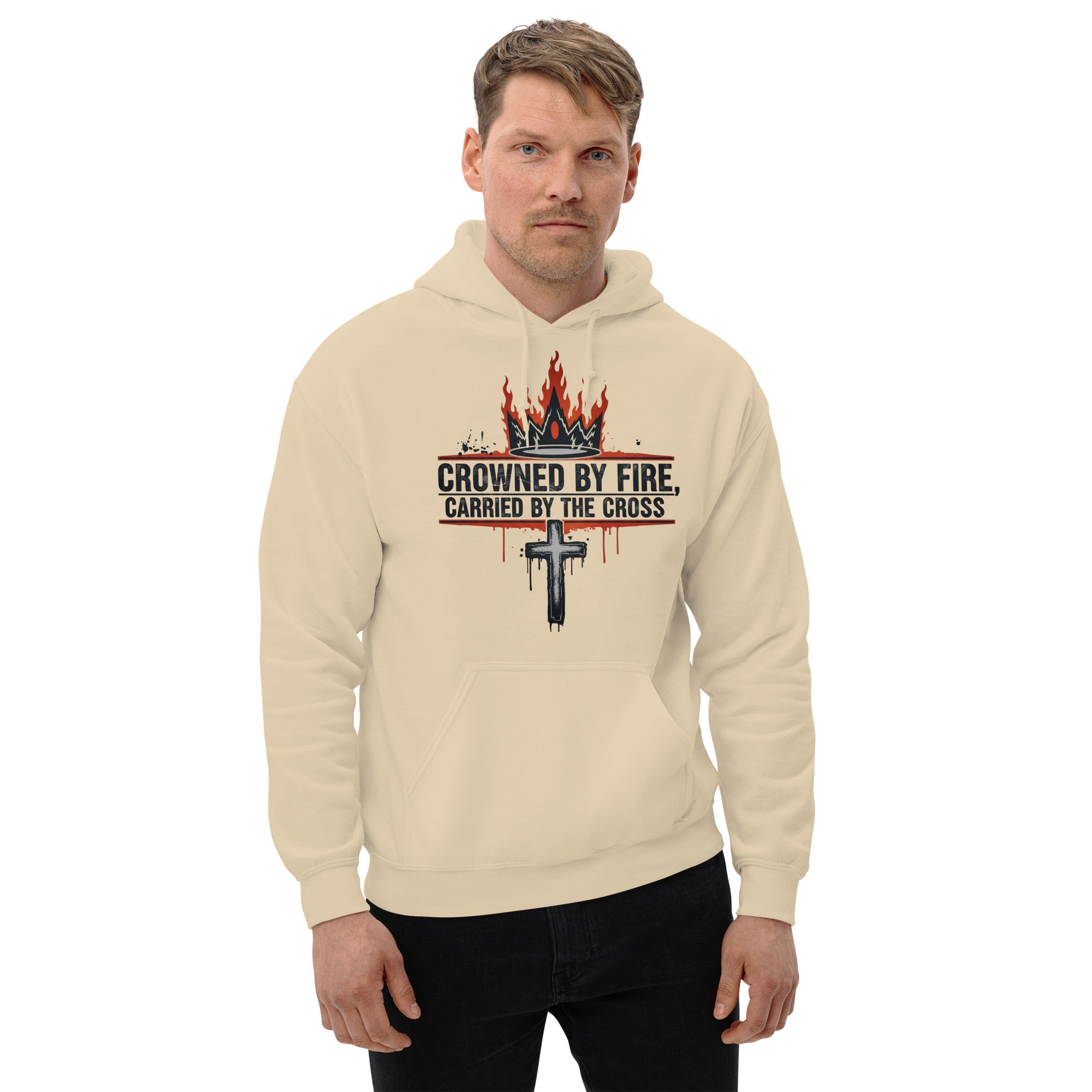 Tough Christian Hoodie – Crowned by Fire, Carried by the Cross |Unisex Hoodie