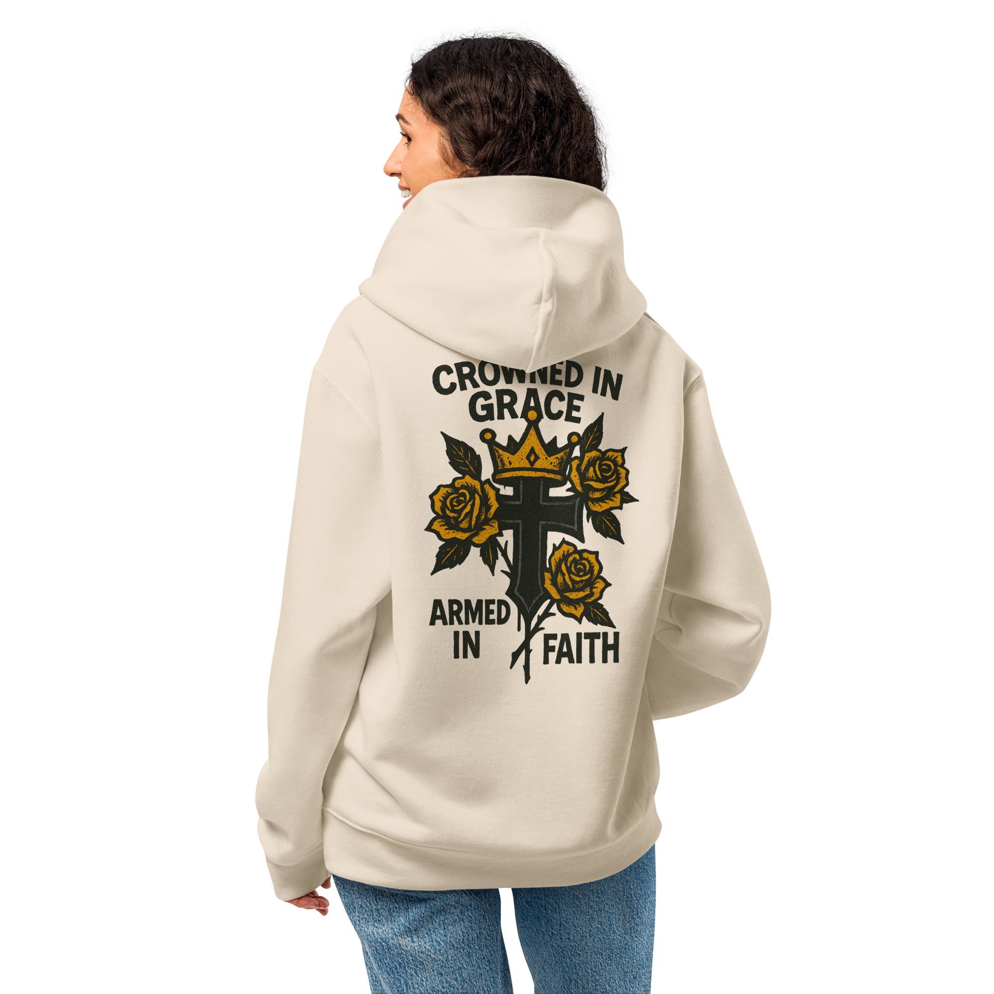 TOUGH CHRISTIAN - CROWNED IN GRACE ARMED IN FAITH - Women’s Hoodie – Tough Christian Streetwear | Faith Warrior Apparel for Godly Women